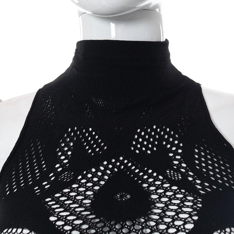 Fishnet sleeveless hollow out high neck see through mini dress