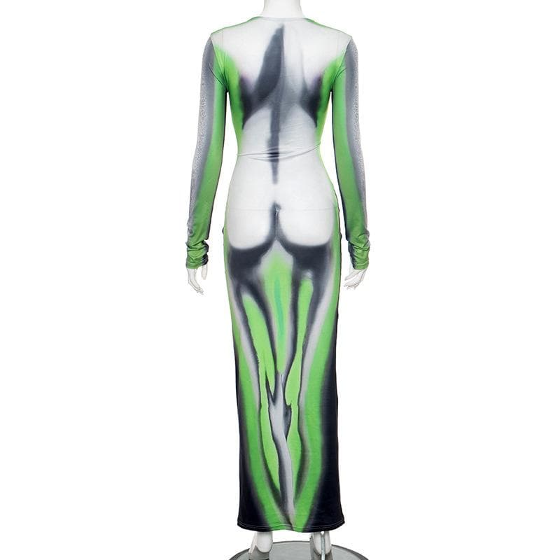 Long sleeve body print crewneck abstract contrast maxi dress