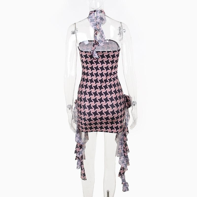 Contrast print flower applique ruched tube midi dress