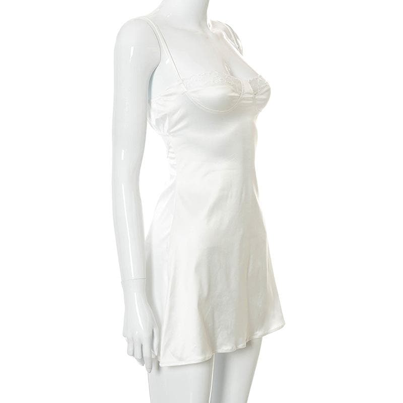 Lace hem satin ruched hollow out backless cami mini dress