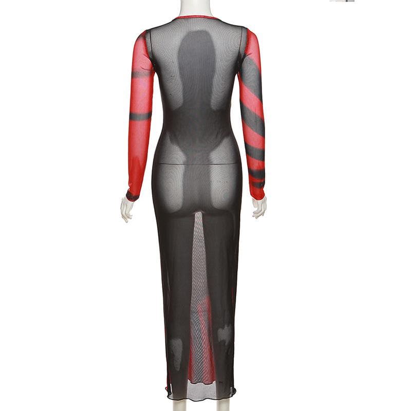 Long sleeve contrast sheer mesh see through midi dress
