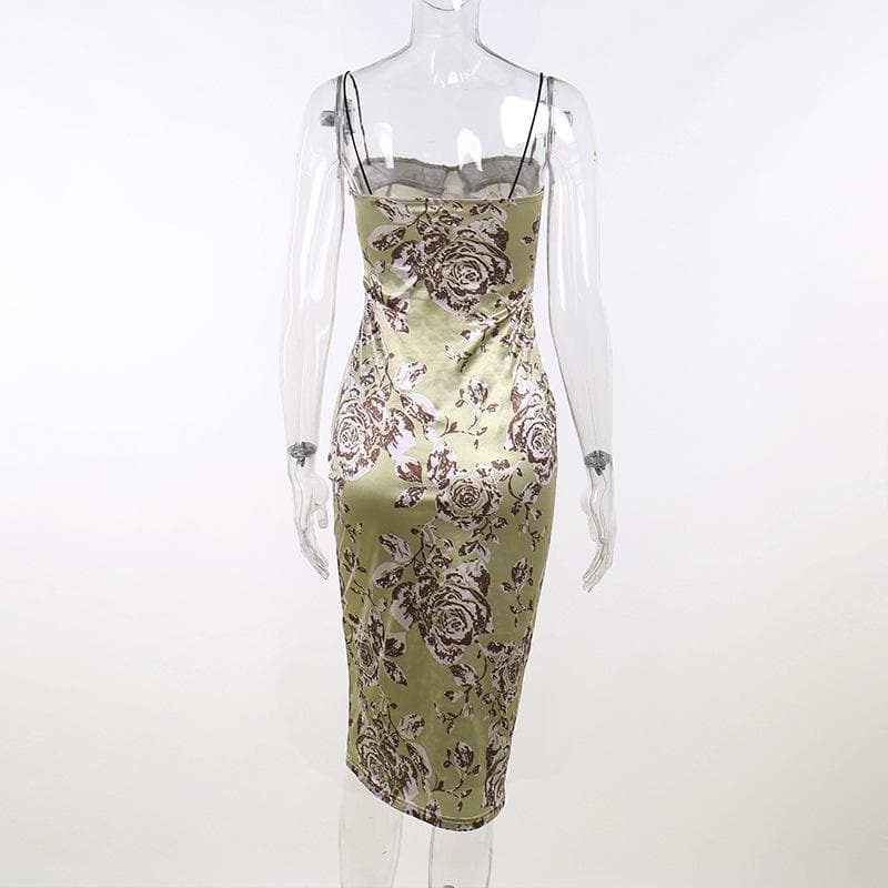 Flower print contrast backless lace hem zip-up midi dress