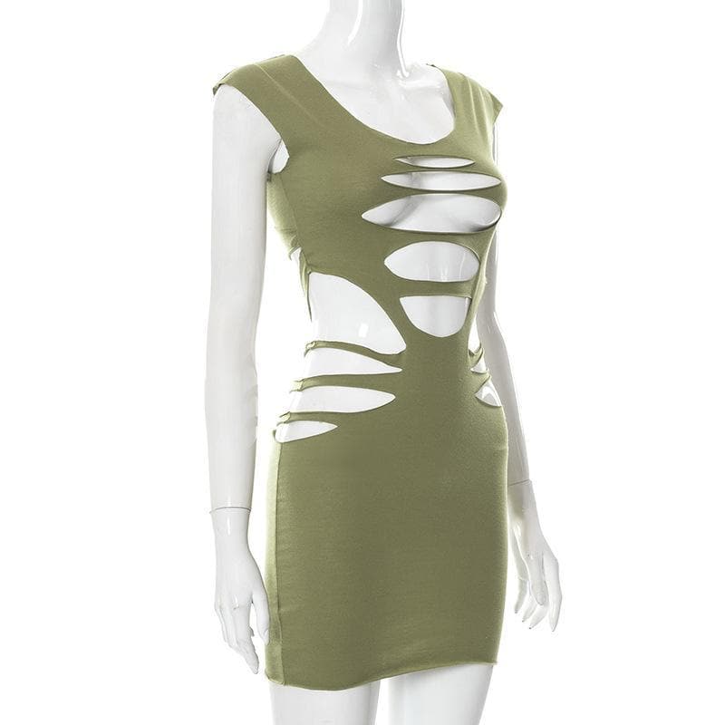 Round neck short sleeve hollow out solid dress