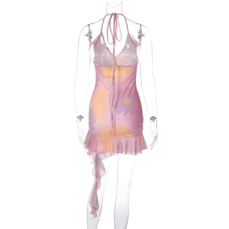 Halter v neck ruffle backless ribbon contrast self tie mini dress