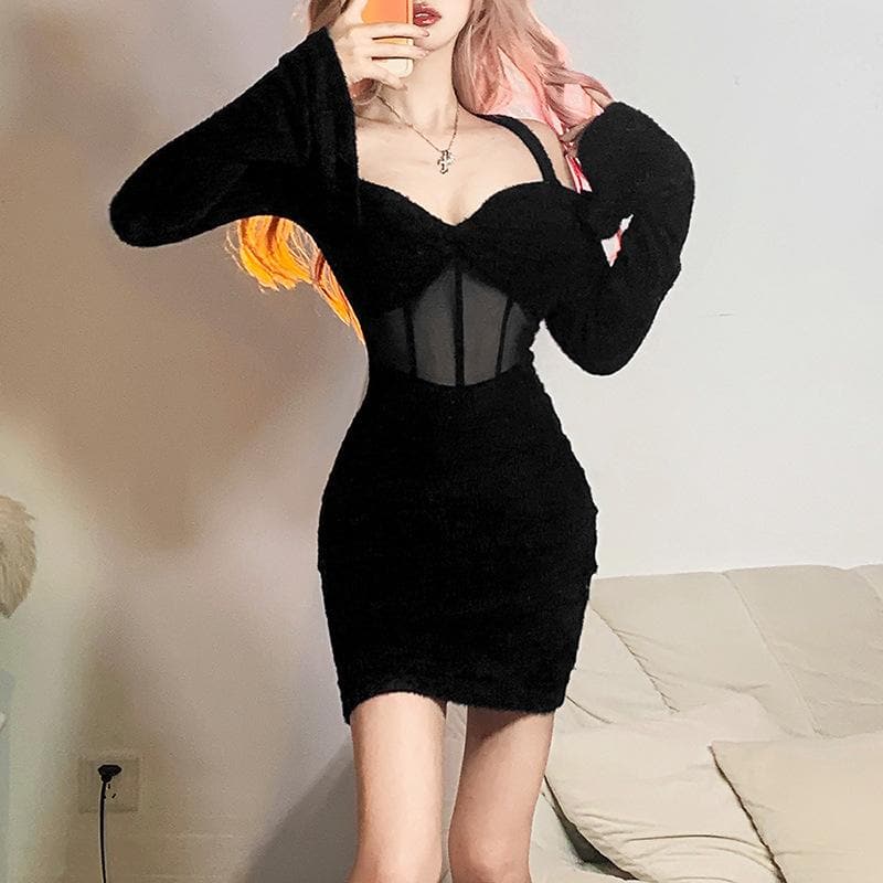 Long sleeve mesh puff sleeve irregular corset fluffy mini dress
