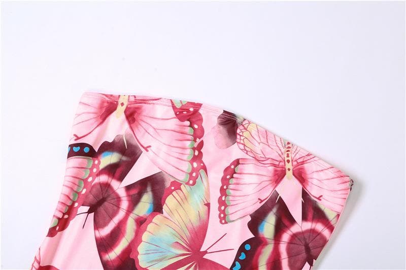 Butterfly print contrast irregular ruffle backless tube maxi dress - Final Sale