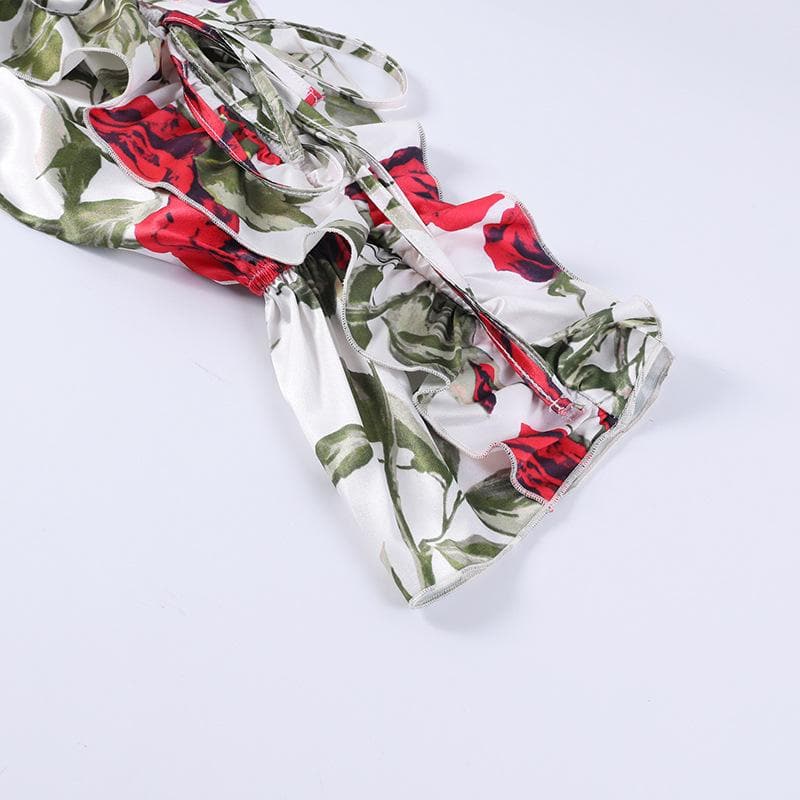 Off shoulder contrast long sleeve flower pattern backless mini dress