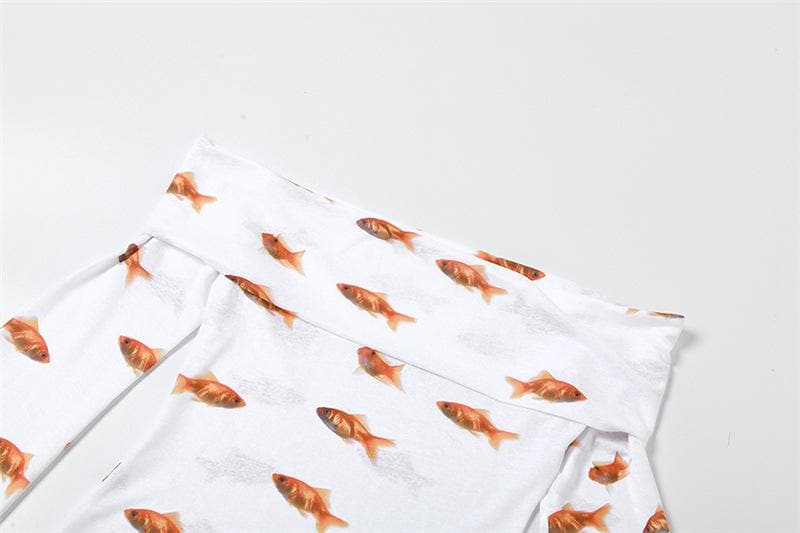 Goldfish print off shoulder long sleeve mini dress