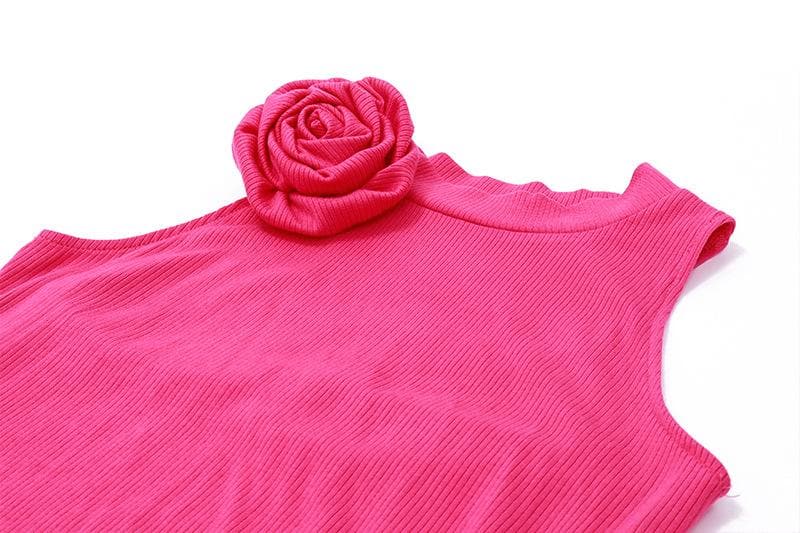 Flower applique solid sleeveless ribbed ruffle irregular mini dress