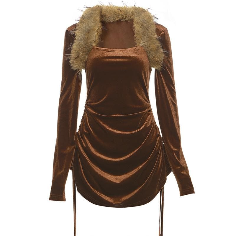 Feather long sleeve velvet ruched drawstring solid mini dress