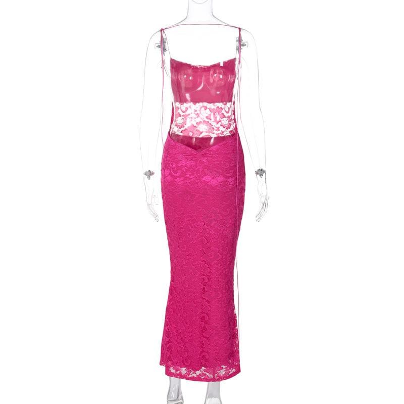Lace solid square neck ruched spaghetti strap backless maxi dress