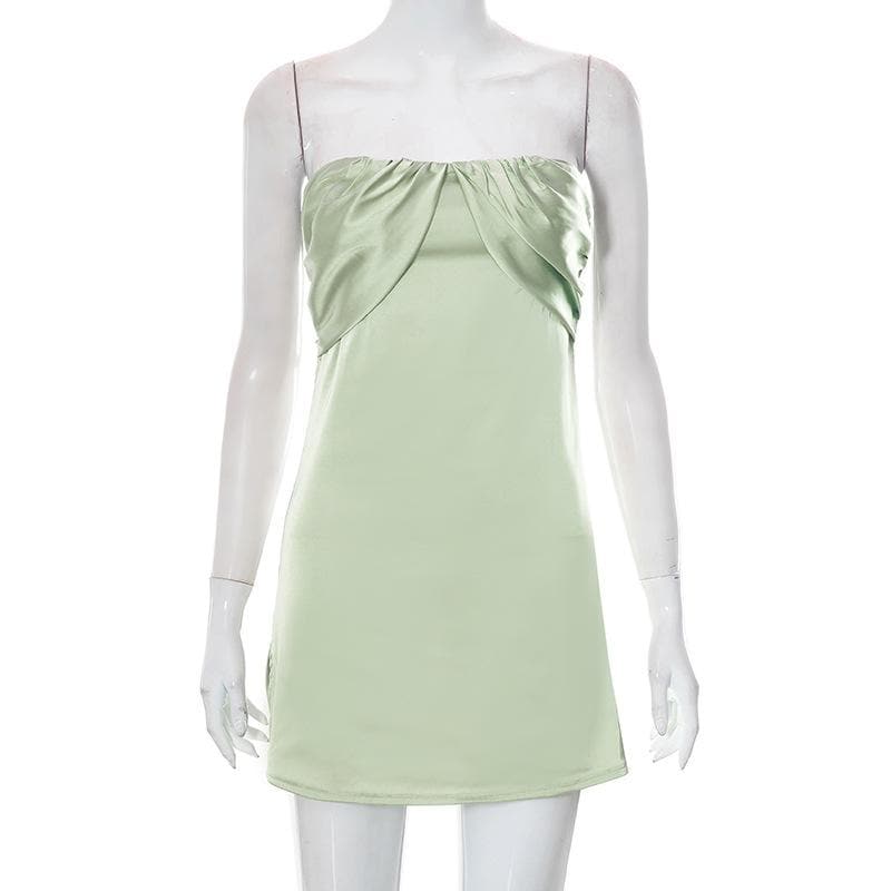 Patchwork slit ruched backless sleeveless tube mini dress