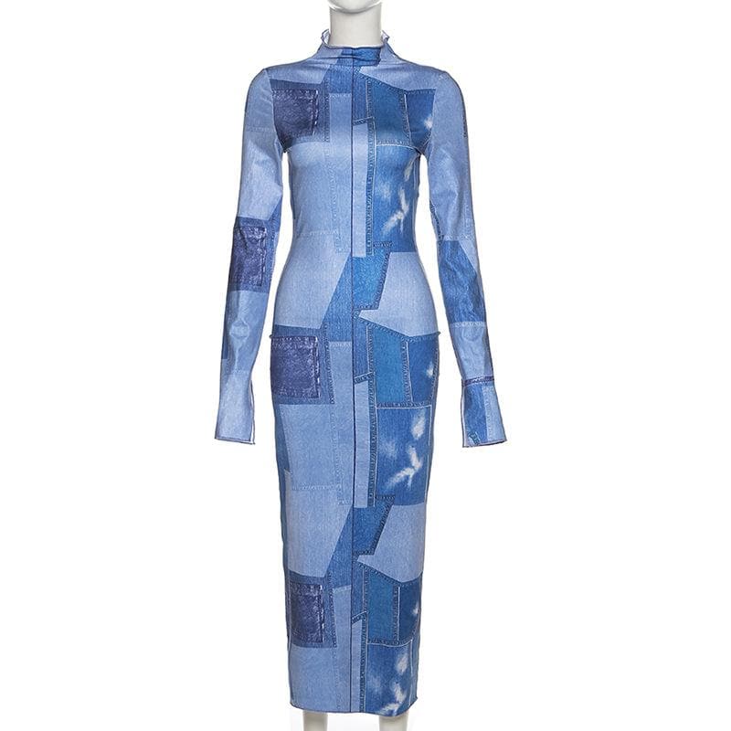 Denim print long sleeve high neck stitch contrast slit maxi dress