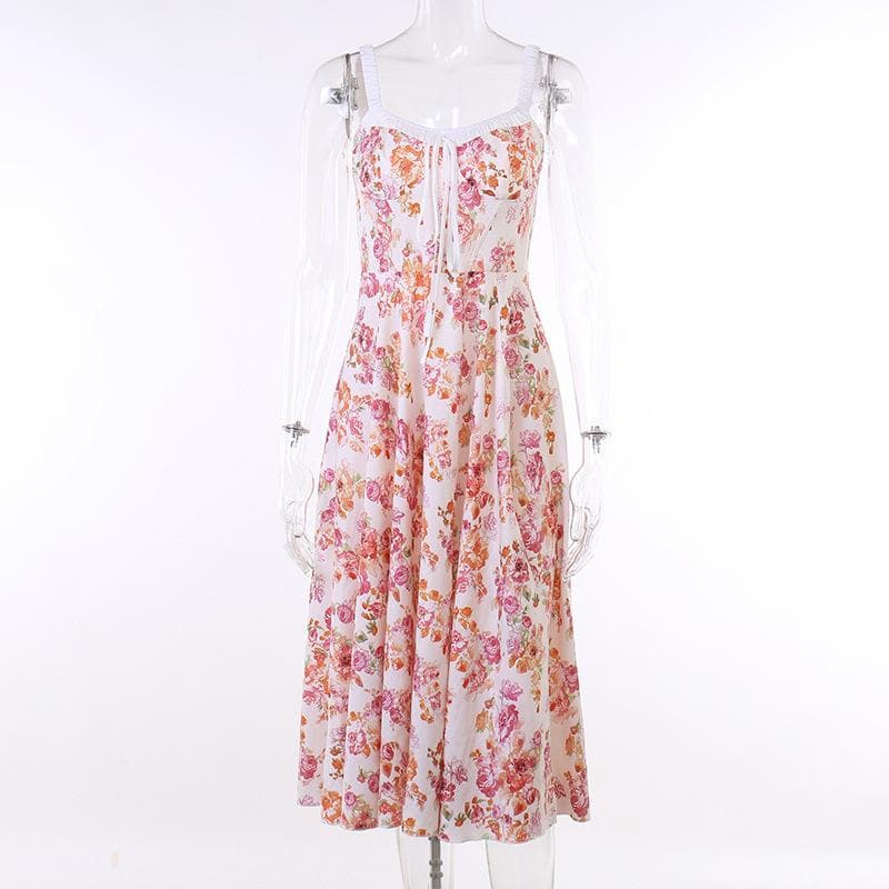 Flower print ruched self tie sleeveless contrast slit zip-up midi dress