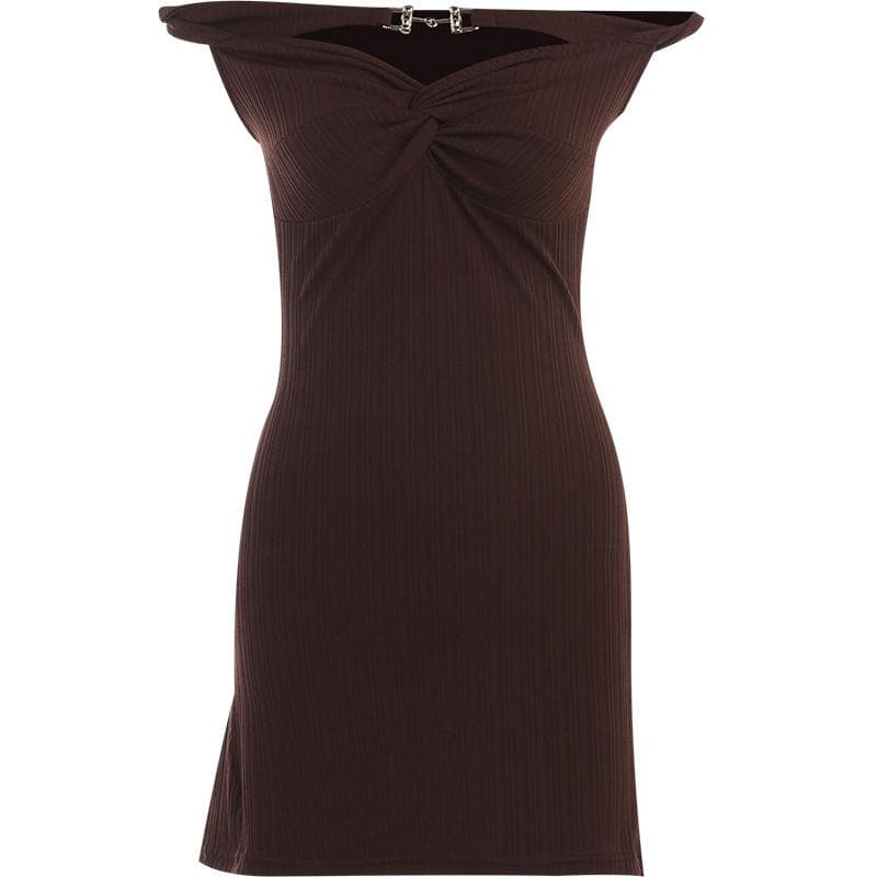 Textured off shoulder metal chain knotted mini dress