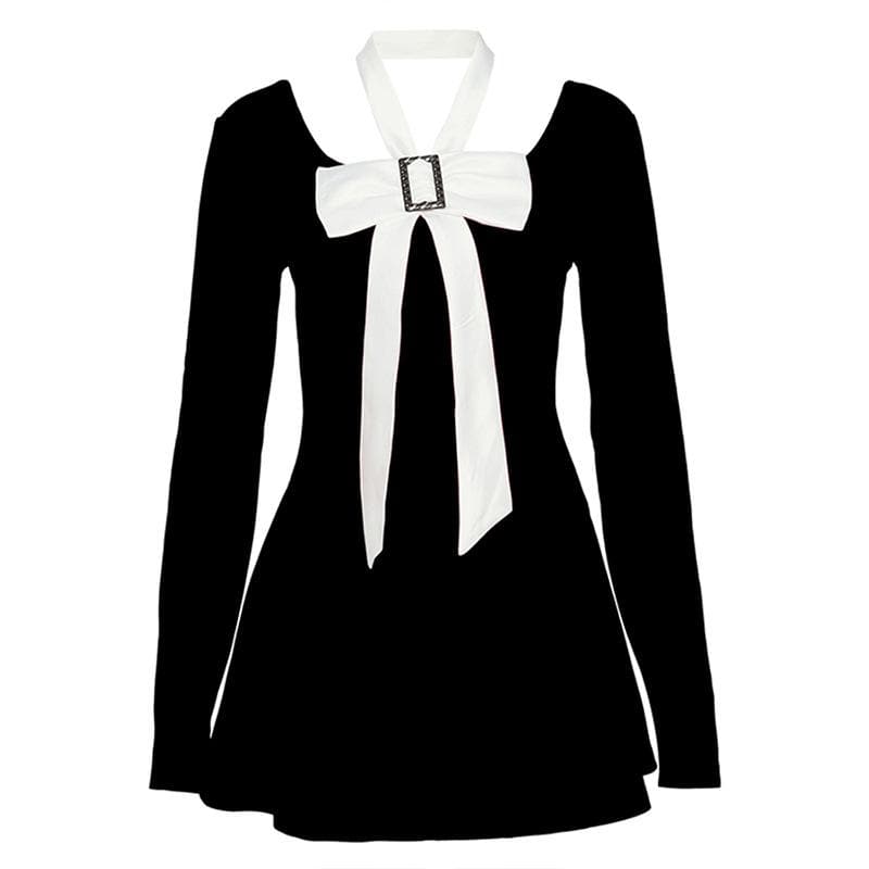 Bowknot long sleeve square neck zip-up contrast 2-way mini dress