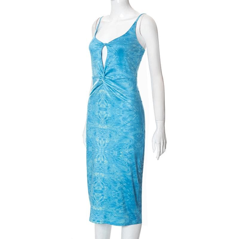 Ruched knotted slit print hollow out backless cami midi dress