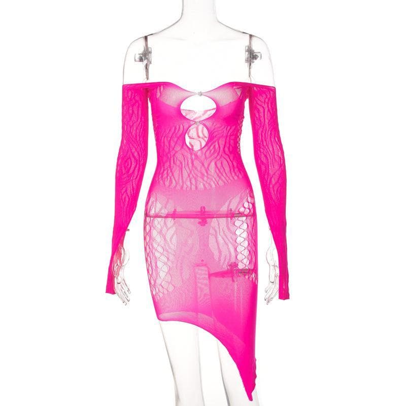 Long sleeve off shoulder fishnet see through dress