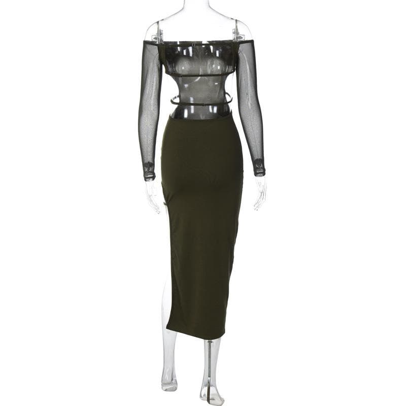 Long sleeve off shoulder hight slit mesh backless irregular midi dress