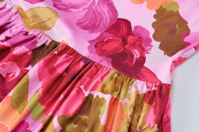 Flower print self tie square neck contrast ruffle mini dress