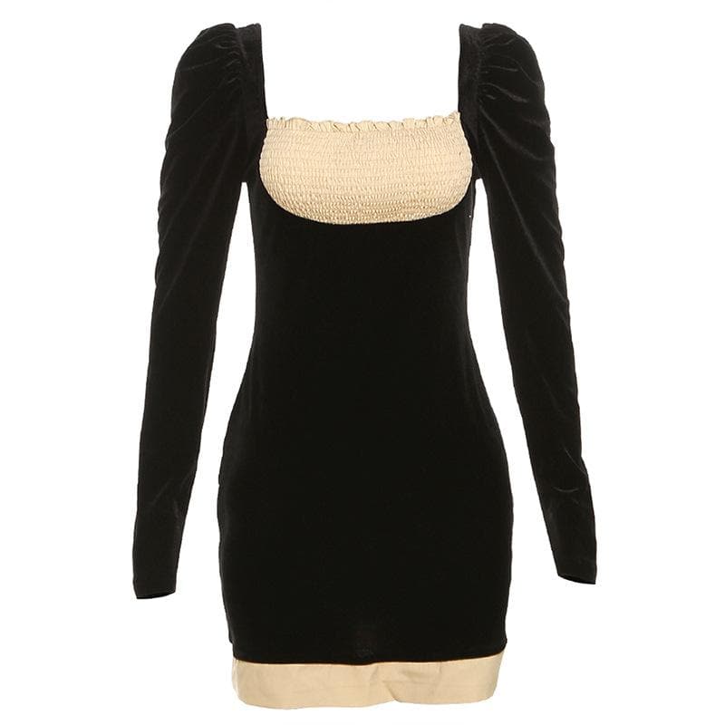 Smocked patchwork ruched contrast long sleeve velvet mini dress