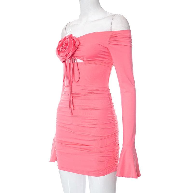 Flower applique hollow out ruched long flared sleeve mini dress