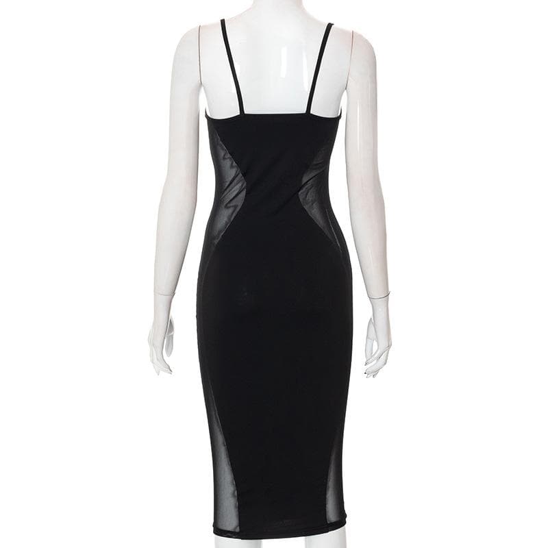 Low Cut Mesh See Through Patchwork Cami midi Dress