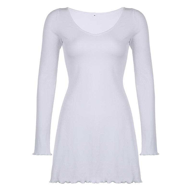 Long sleeve solid ruffle v neck ribbed mini dress