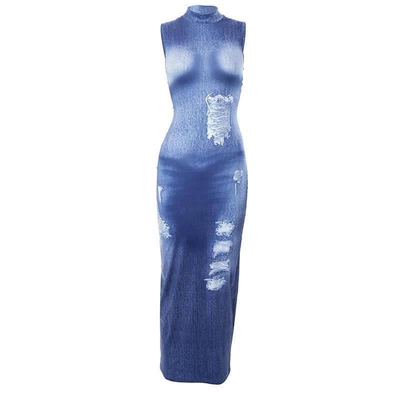 Denim print sleeveless contrast high neck maxi dress