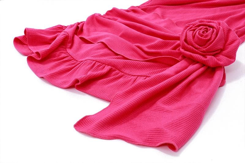 Flower applique solid sleeveless ribbed ruffle irregular mini dress
