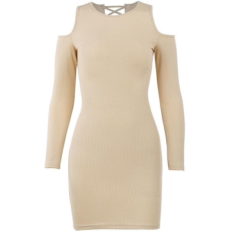 Long sleeve solid hollow out lace up self tie mini dress