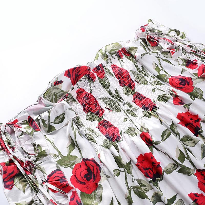 Off shoulder contrast long sleeve flower pattern backless mini dress