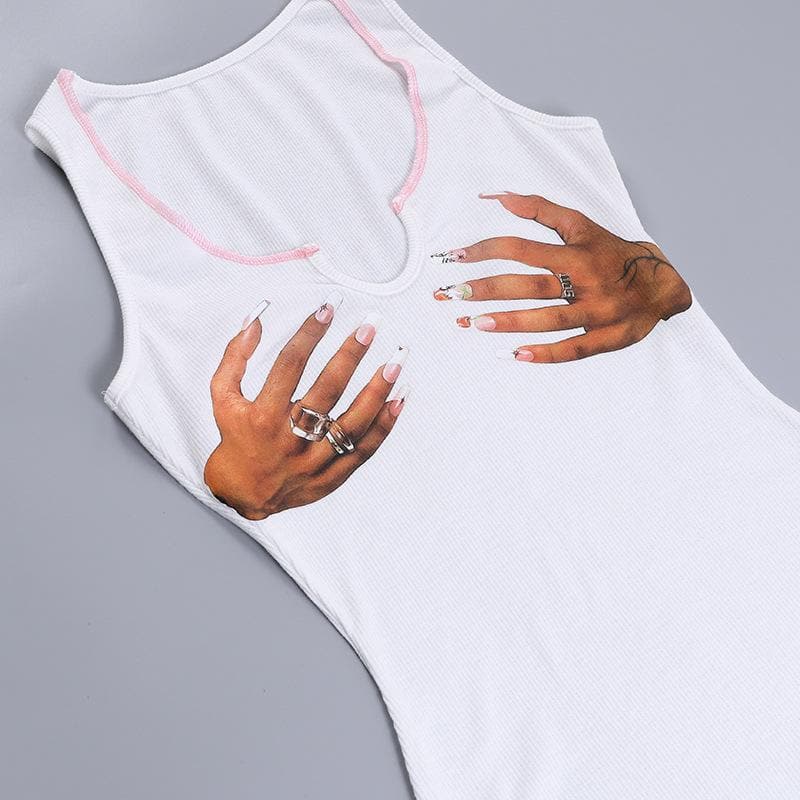 Palm pattern contrast sleeveless notch neck mini dress