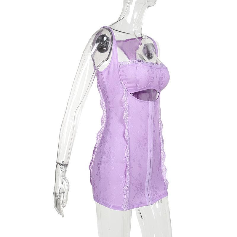 Square neck lace backless hollow out button solid cami mini dress