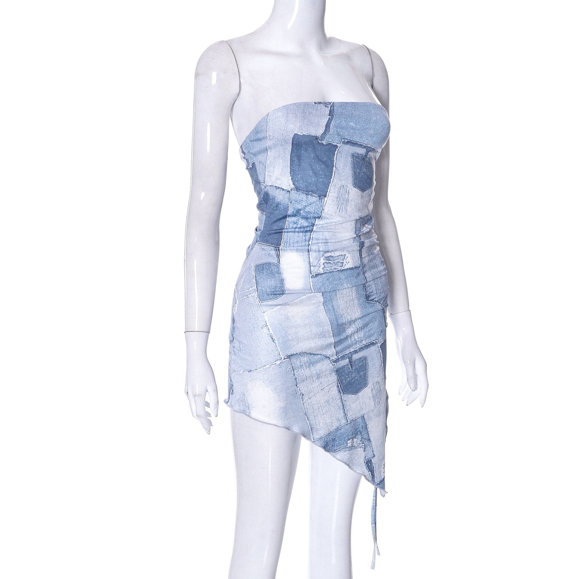 Denim print irregular ruched backless contrast tube mini dress