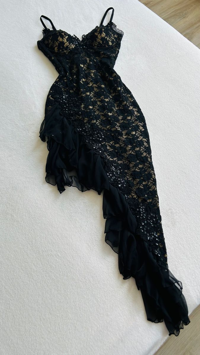 Black Lace Long Prom Dress Ruffle Formal Evening Dress