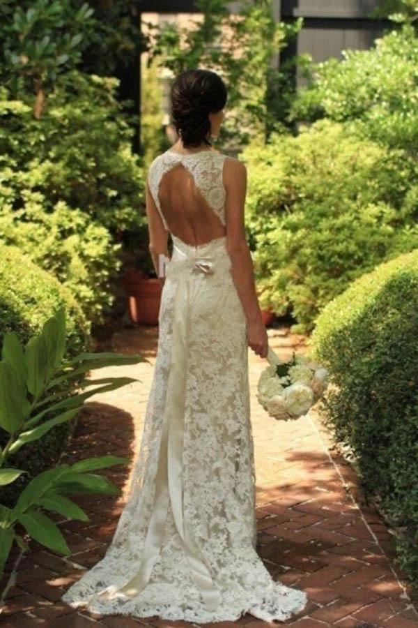 Keyhole Back Floor-Length Sheath Lace Wedding Dress (ZD16307)