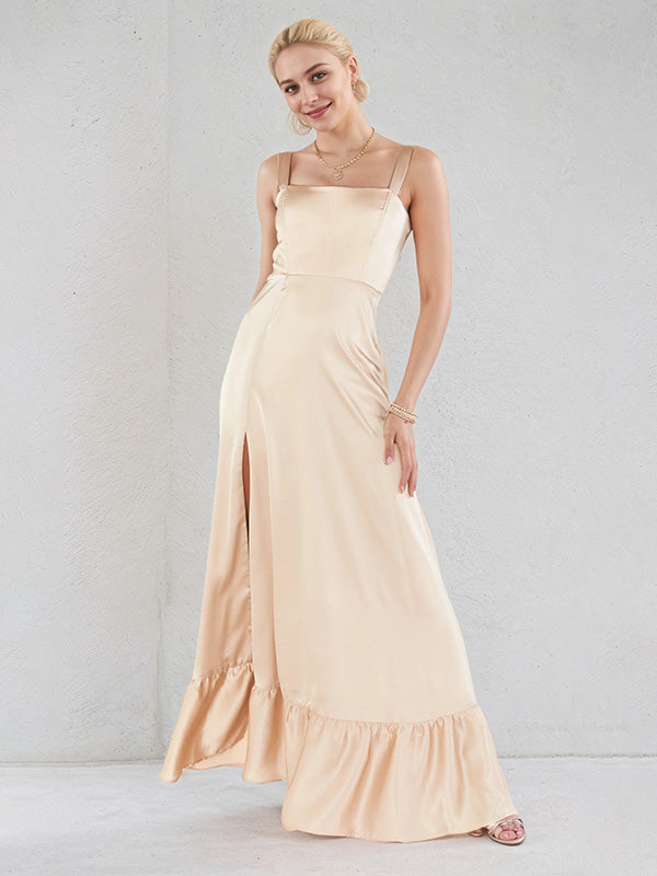 A-Line Champagne Satin Square Neck Sleeveless Floor-Length Dress With High Slit - FashionDia