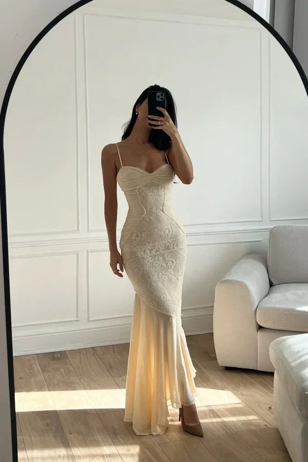 Vintage Mermaid Spaghetti Straps Ivory Lace Floor Length Prom Dresses Chiffon Evening Dress