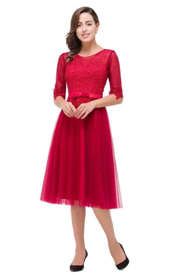 Knee-length Crew A-line Half Sleeve Sashes Bridesmaid Dresses (ZD13082)