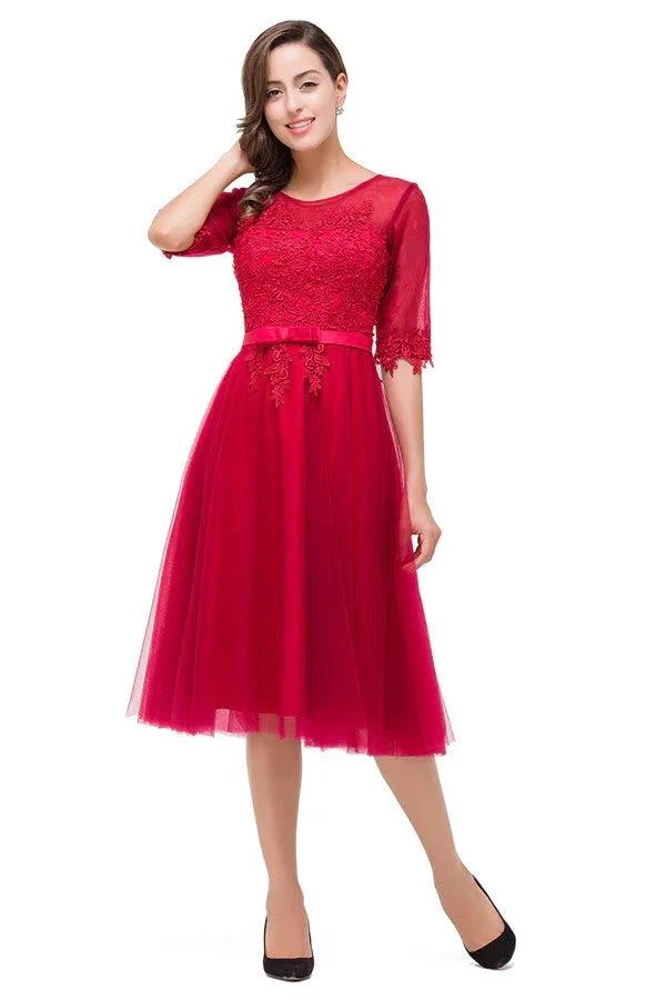 Knee-length Crew A-line Half Sleeve Sashes Bridesmaid Dresses (ZD13082)