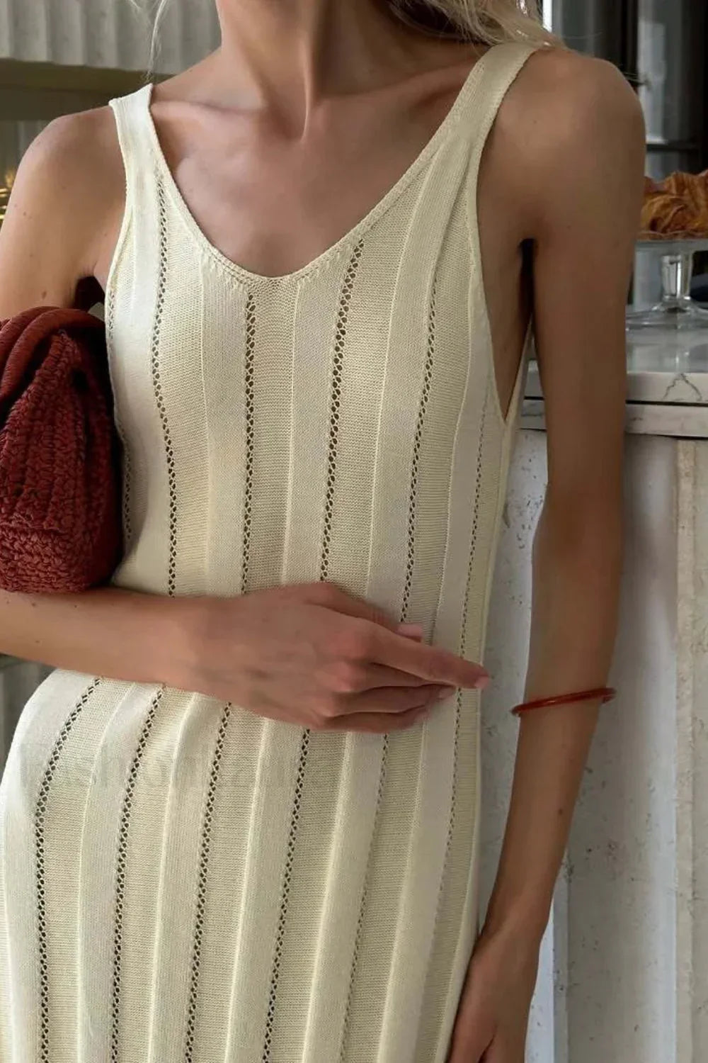 Knitted V Neck Dress with Relaxed Fit and Comfort Fit Design