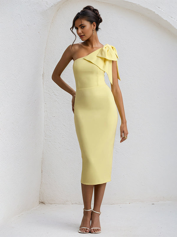Yellow Chiffon One Shoulder Tea Length Dress with Bow