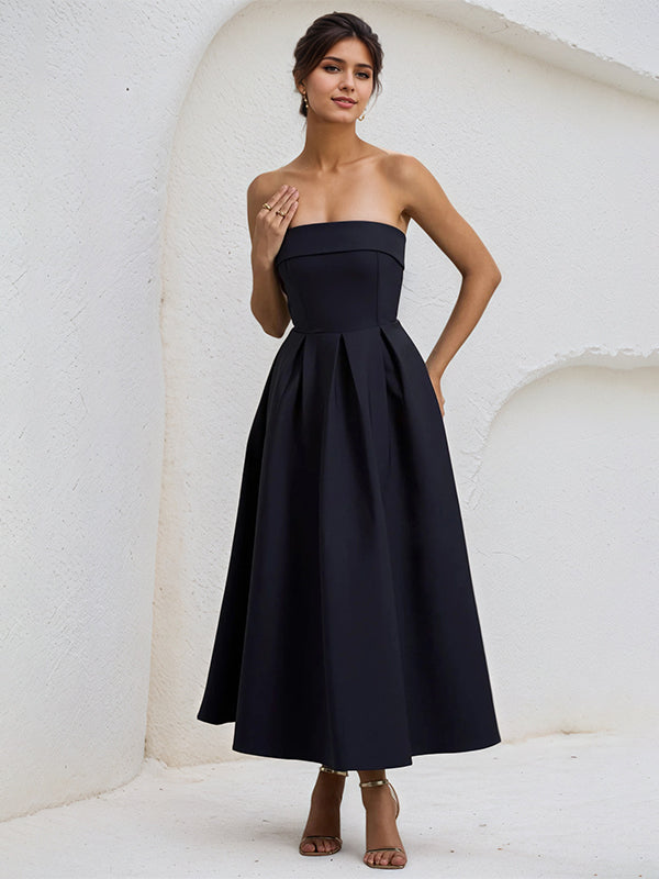 A-Line Black Strapless Sleeveless Ruffles Chiffon Dress - View 3 | FashionDia