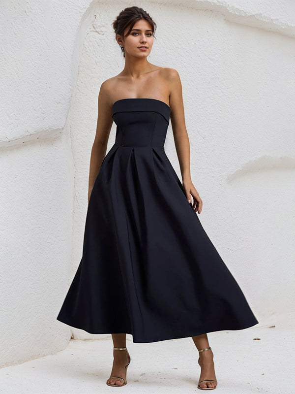 A-Line Black Strapless Sleeveless Ruffles Chiffon Dress - FashionDia