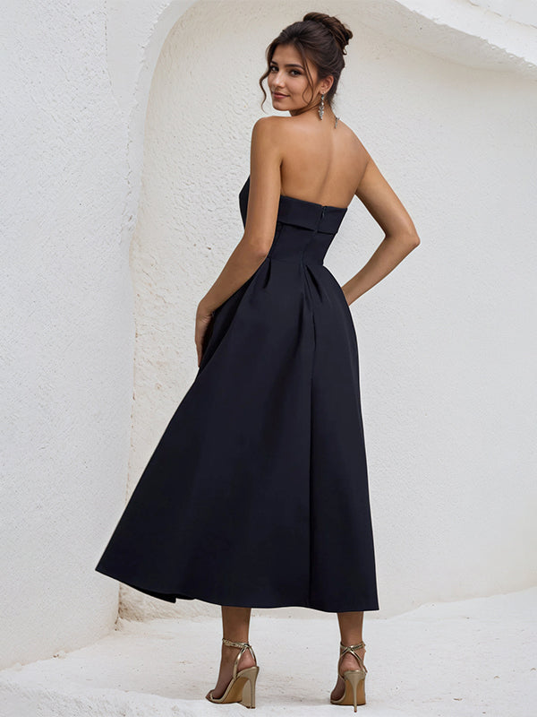 A-Line Black Strapless Sleeveless Ruffles Chiffon Dress - View 2 | FashionDia