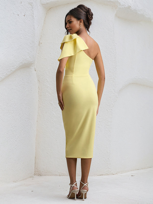 Yellow Chiffon One Shoulder Tea Length Dress with Bow