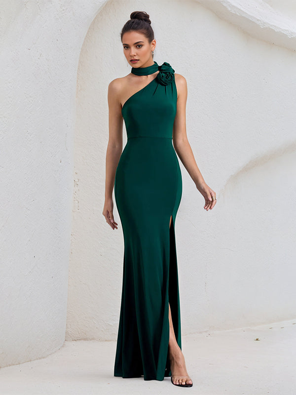 Green Stretch Crepe One Shoulder Asymmetrical Length High Slit Dress with Flowers