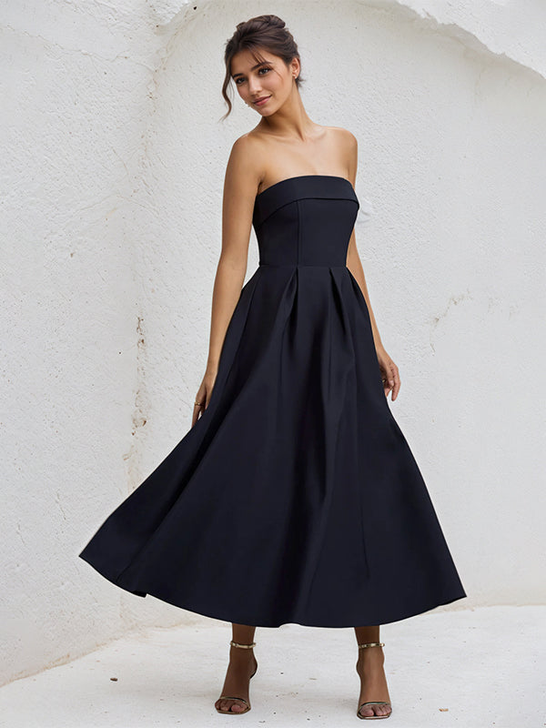 A-Line Black Strapless Sleeveless Ruffles Chiffon Dress - View 6 | FashionDia