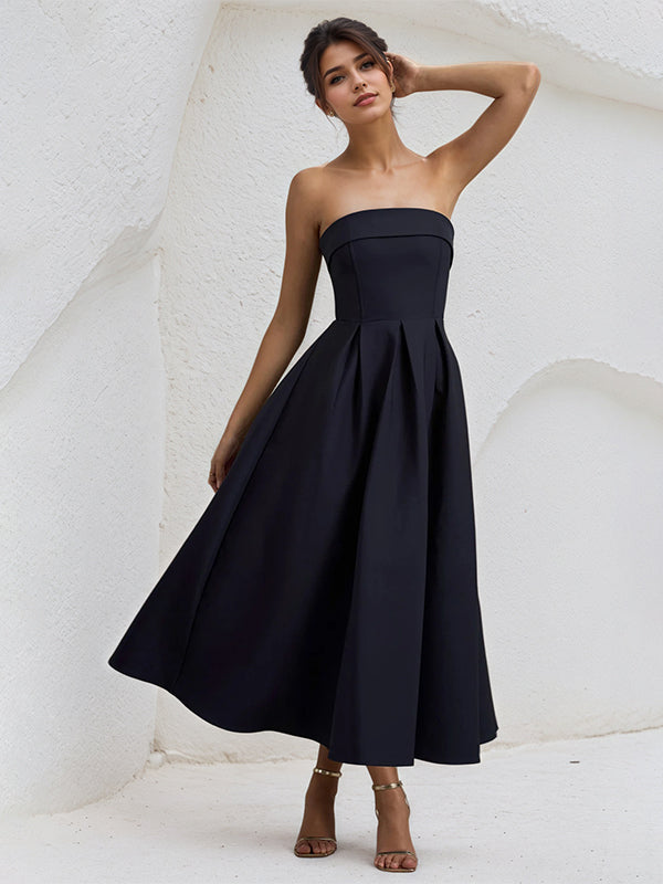 A-Line Black Strapless Sleeveless Ruffles Chiffon Dress - View 5 | FashionDia